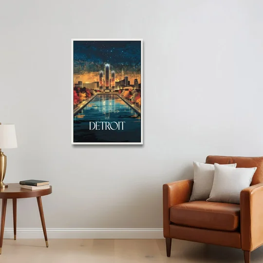 Detroit Scenic Nightscape - White Framed Canvas Wall Art - Sofa - 24x36