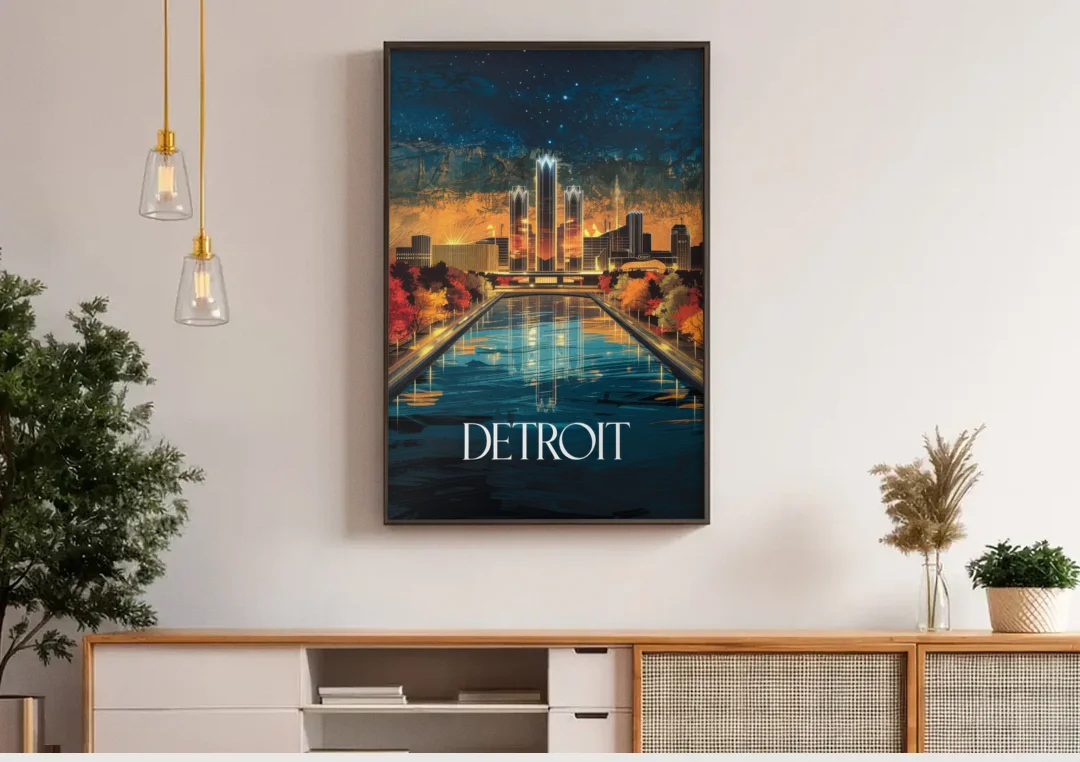 Detroit Scenic Nightscape canvas wall art above a wooden sideboard under pendant lights