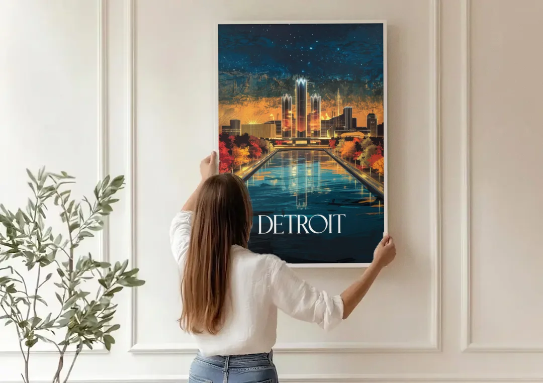 Detroit Scenic Nightscape canvas wall art being hung on a paneled wall