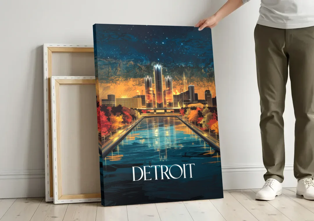 Detroit Scenic Nightscape canvas wall art leaning against a wall next to blank canvases