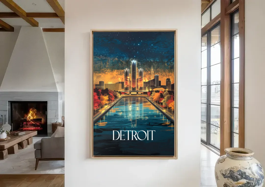 Detroit Scenic Nightscape canvas wall art in a living room with a fireplace