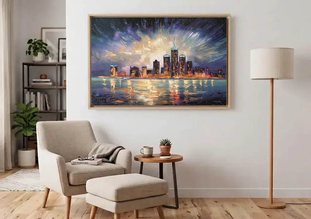 Detroit Skyline And Stars canvas wall art above an armchair in a bright living room
