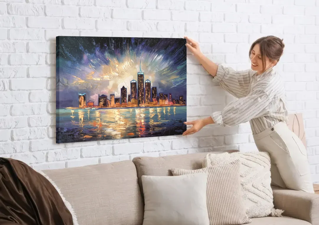 Detroit Skyline And Stars canvas wall art being hung on a white brick wall above a sofa