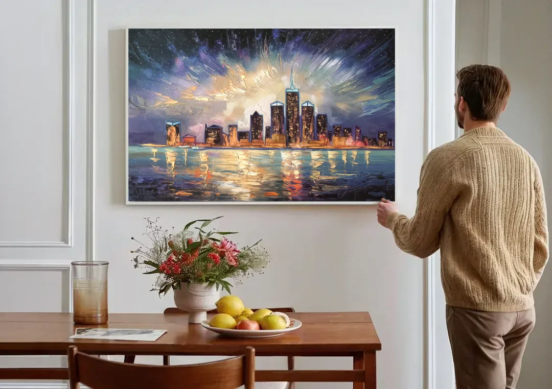Detroit Skyline And Stars canvas wall art above a dining table
