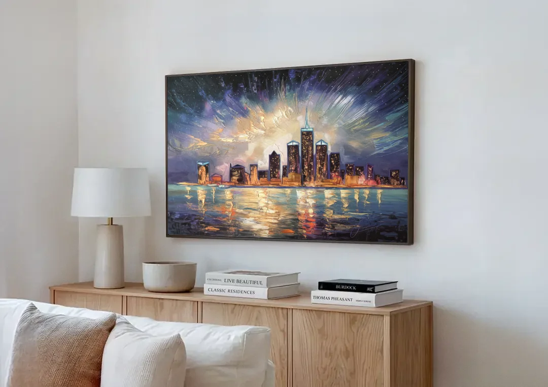 Detroit Skyline And Stars canvas wall art above a wooden sideboard next to a sofa