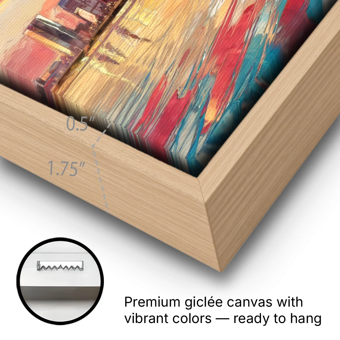 Detroit Skyline At Sunset - Oak Framed Canvas Wall Art - Gallery Wrap Corner