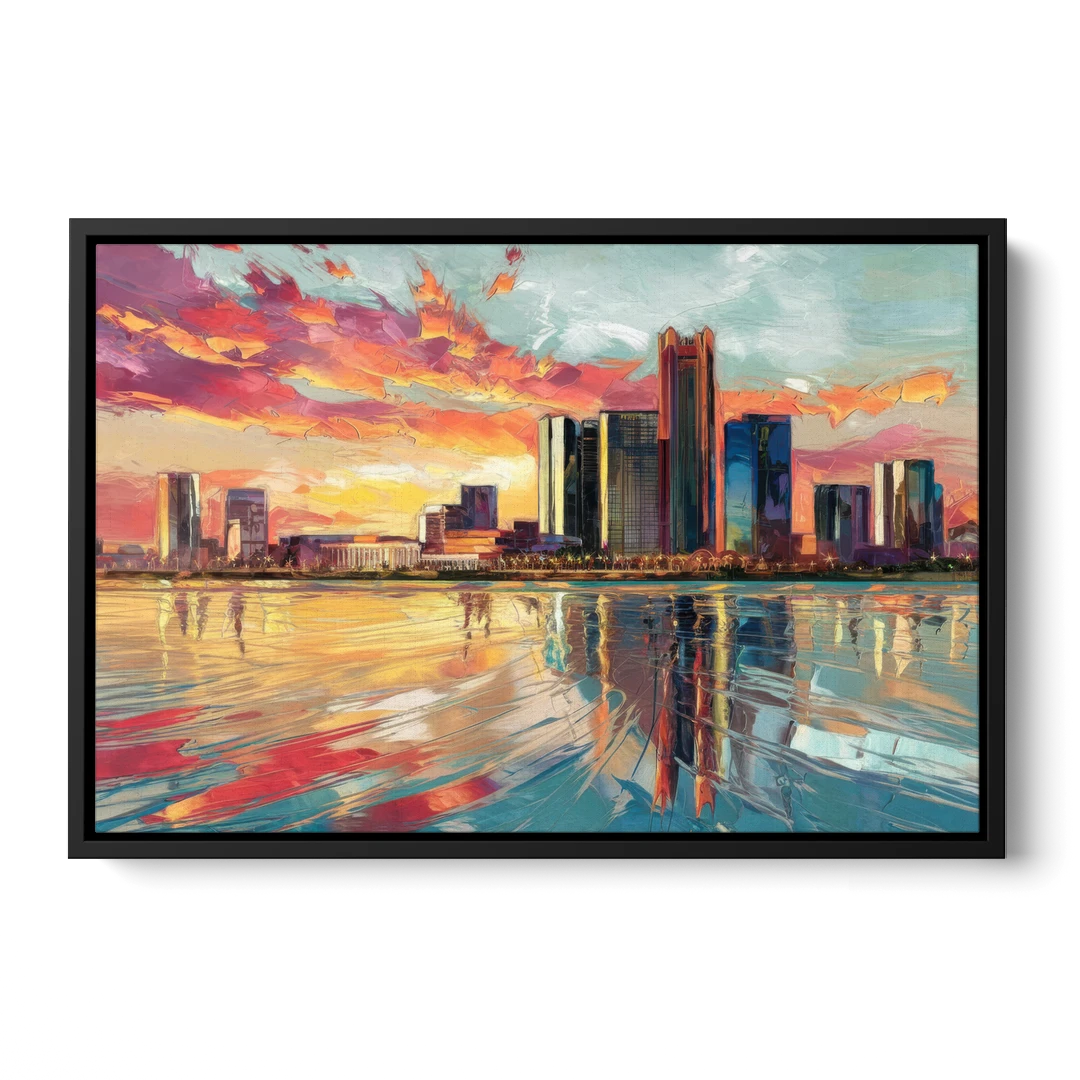 Detroit Skyline At Sunset - Black Framed Canvas Wall Art - Front