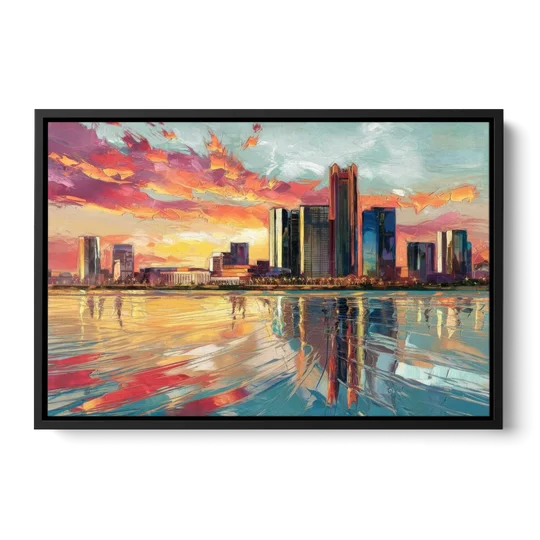 Detroit Skyline At Sunset - Black Framed Canvas Wall Art - Front