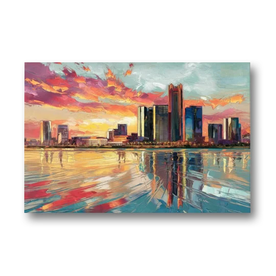 Detroit Skyline At Sunset - Canvas Wall Art - Front