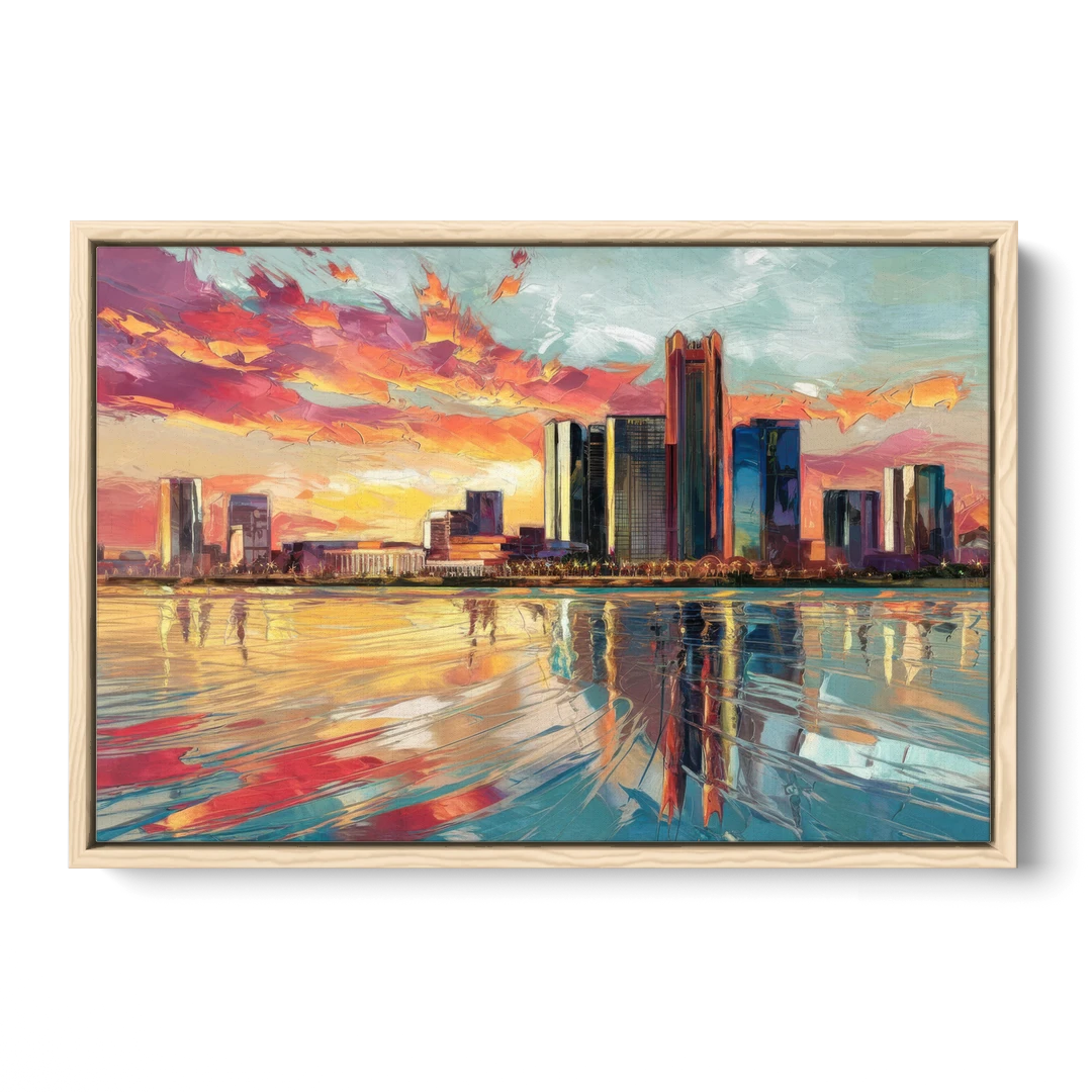 Detroit Skyline At Sunset - Oak Framed Canvas Wall Art - Front