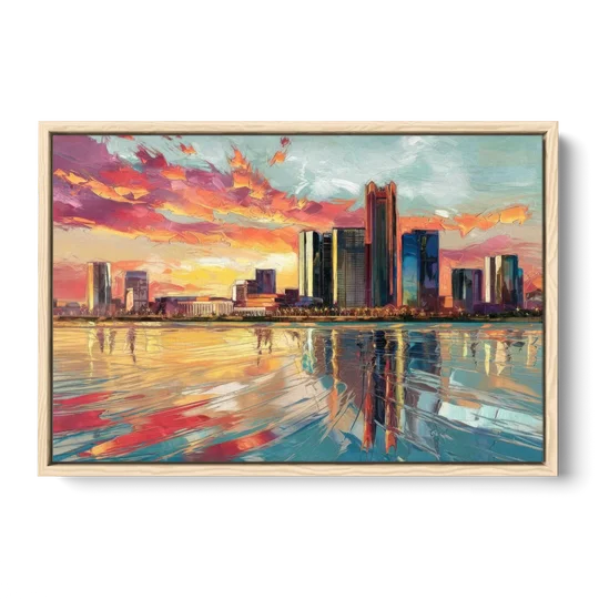 Detroit Skyline At Sunset - Oak Framed Canvas Wall Art - Front