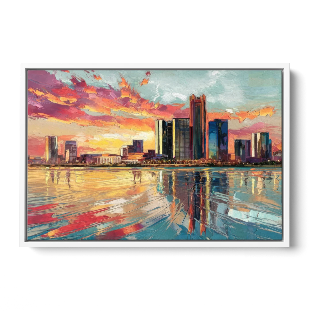 Detroit Skyline At Sunset - White Framed Canvas Wall Art - Front