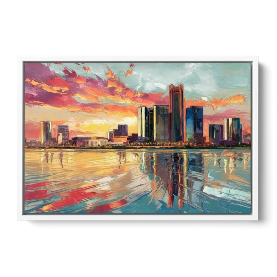 Detroit Skyline At Sunset - White Framed Canvas Wall Art - Front