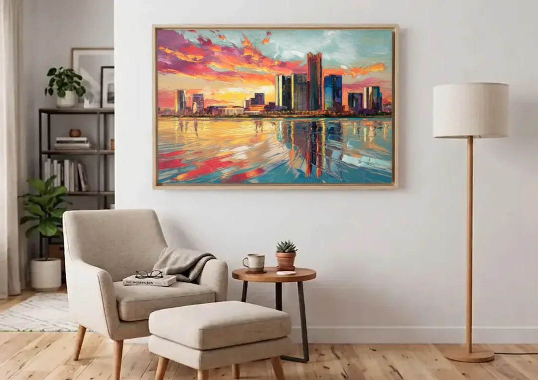 Detroit Skyline At Sunset canvas wall art above an armchair in a bright living room