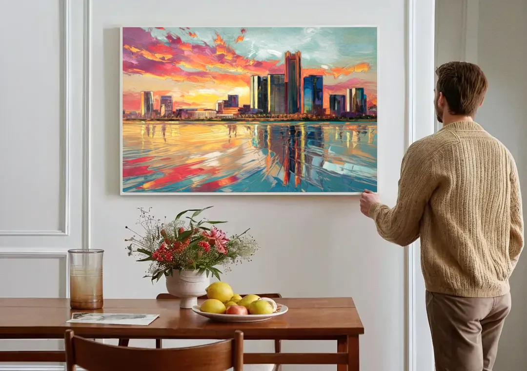 Detroit Skyline At Sunset canvas wall art above a dining table
