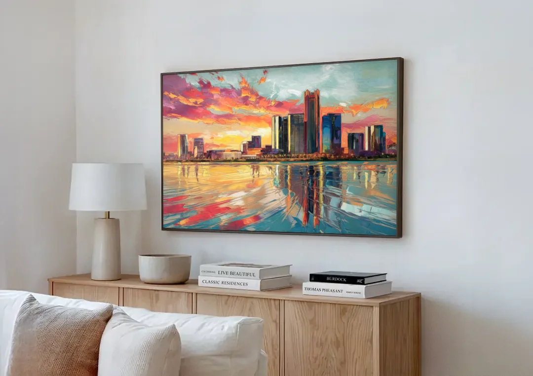 Detroit Skyline At Sunset canvas wall art above a wooden sideboard next to a sofa