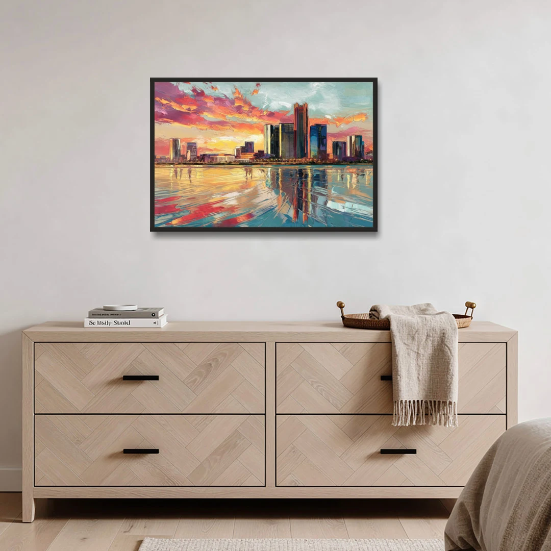 Detroit Skyline At Sunset - Black Framed Canvas Wall Art - Coffee Table - 36x24
