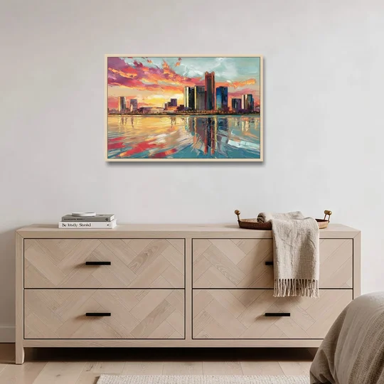 Detroit Skyline At Sunset - Oak Framed Canvas Wall Art - Coffee Table - 36x24