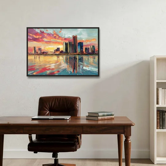Detroit Skyline At Sunset - Black Framed Canvas Wall Art - Office - 36x24