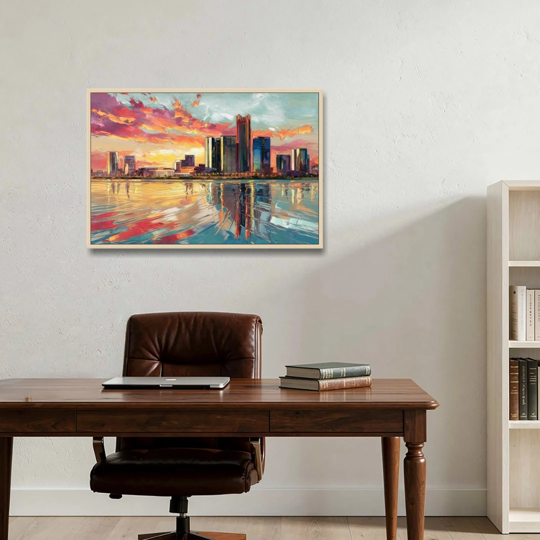 Detroit Skyline At Sunset - Oak Framed Canvas Wall Art - Office - 36x24
