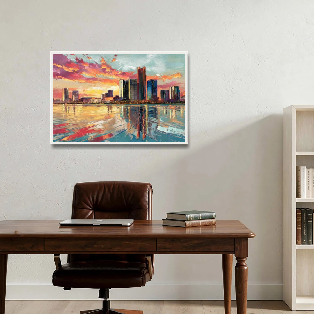 Detroit Skyline At Sunset - White Framed Canvas Wall Art - Office - 36x24