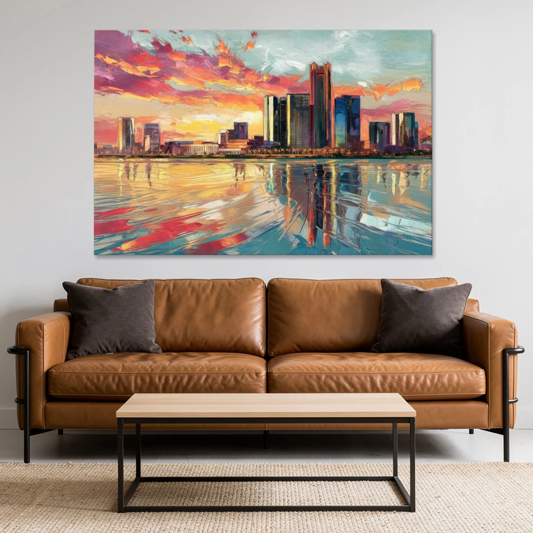 Detroit Skyline At Sunset - Canvas Wall Art - Sofa - 60x40