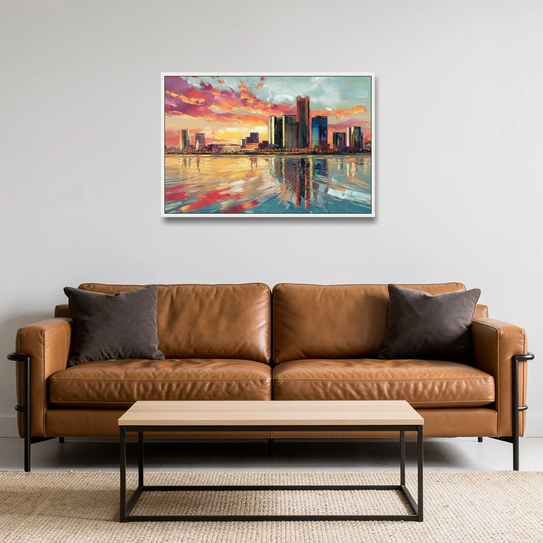 Detroit Skyline At Sunset - White Framed Canvas Wall Art - Sofa - 36x24