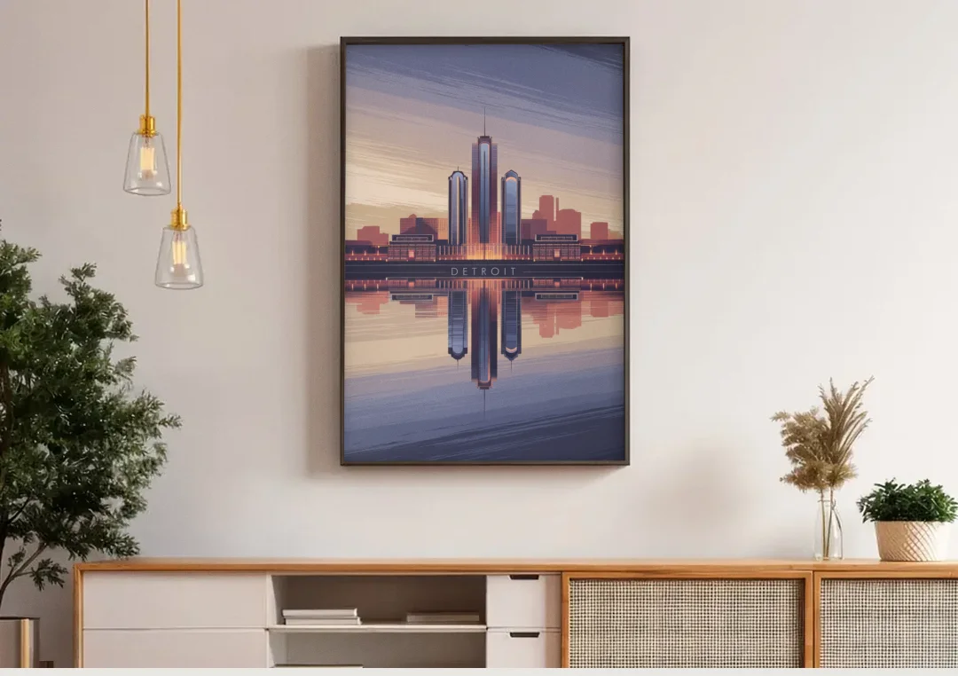 Detroit Skyline Reflections canvas wall art above a wooden sideboard under pendant lights