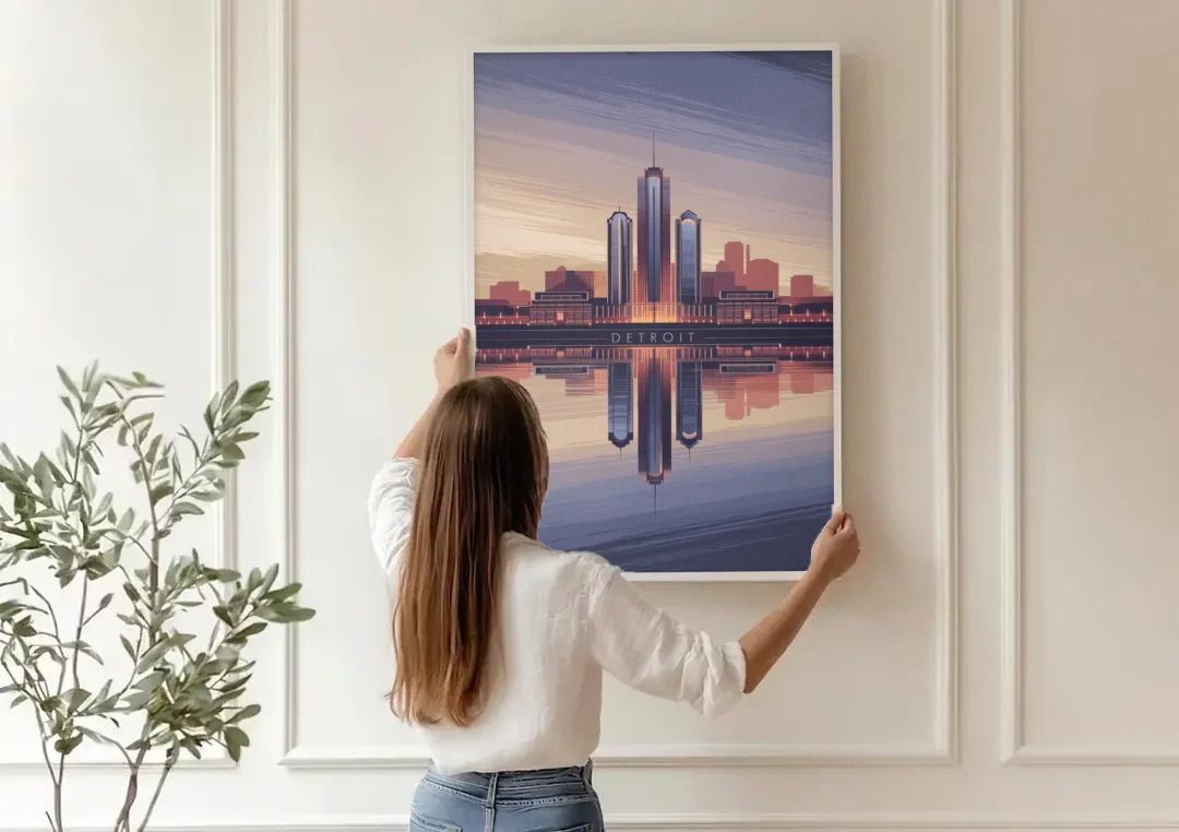 Detroit Skyline Reflections canvas wall art being hung on a paneled wall