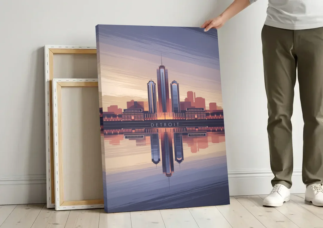 Detroit Skyline Reflections canvas wall art leaning against a wall next to blank canvases