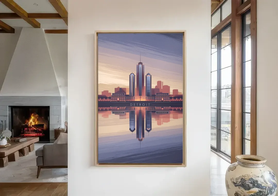 Detroit Skyline Reflections canvas wall art in a living room with a fireplace