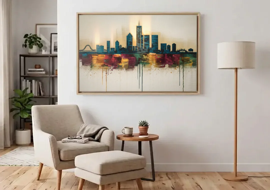 Detroit Skyline Silhouette canvas wall art above an armchair in a bright living room