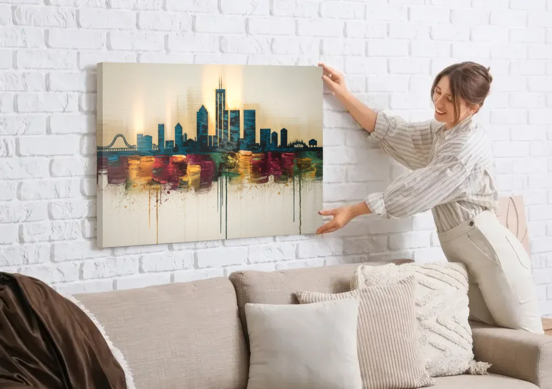 Detroit Skyline Silhouette canvas wall art being hung on a white brick wall above a sofa