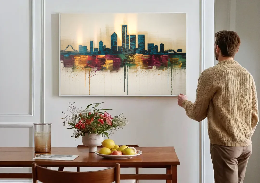 Detroit Skyline Silhouette canvas wall art above a dining table