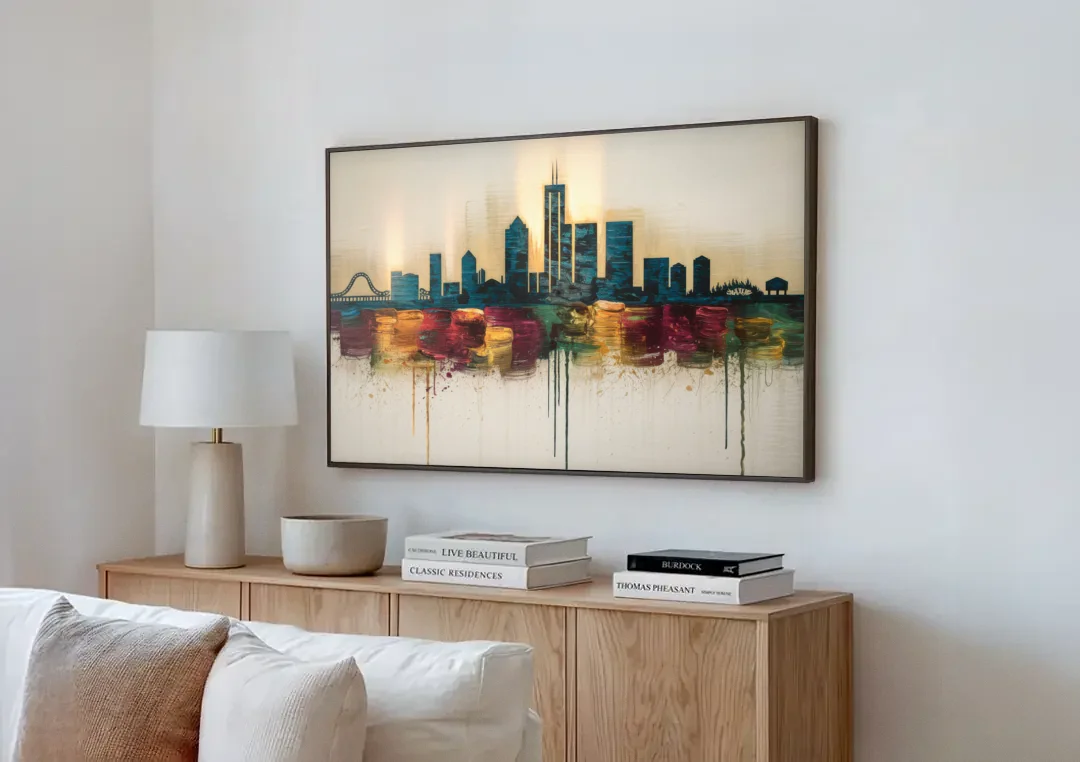 Detroit Skyline Silhouette canvas wall art above a wooden sideboard next to a sofa