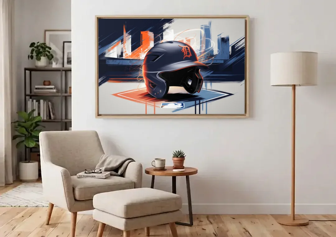 Detroit Tigers Baseball canvas wall art above an armchair in a bright living room