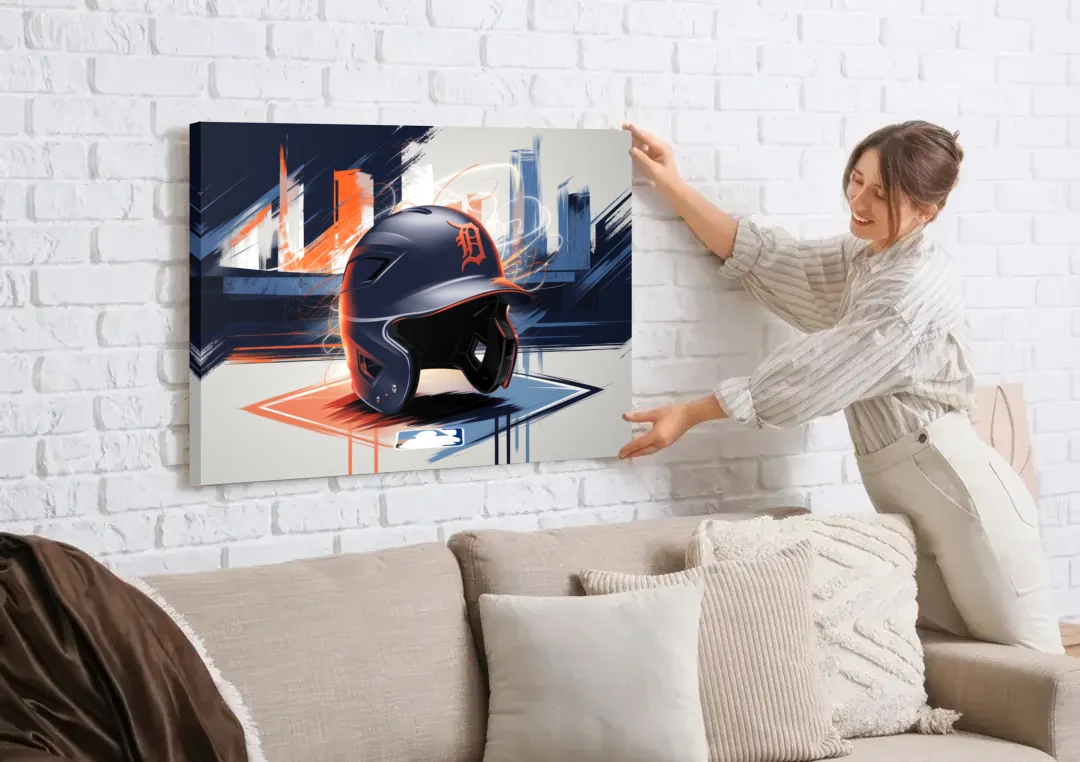 Detroit Tigers Baseball canvas wall art being hung on a white brick wall above a sofa