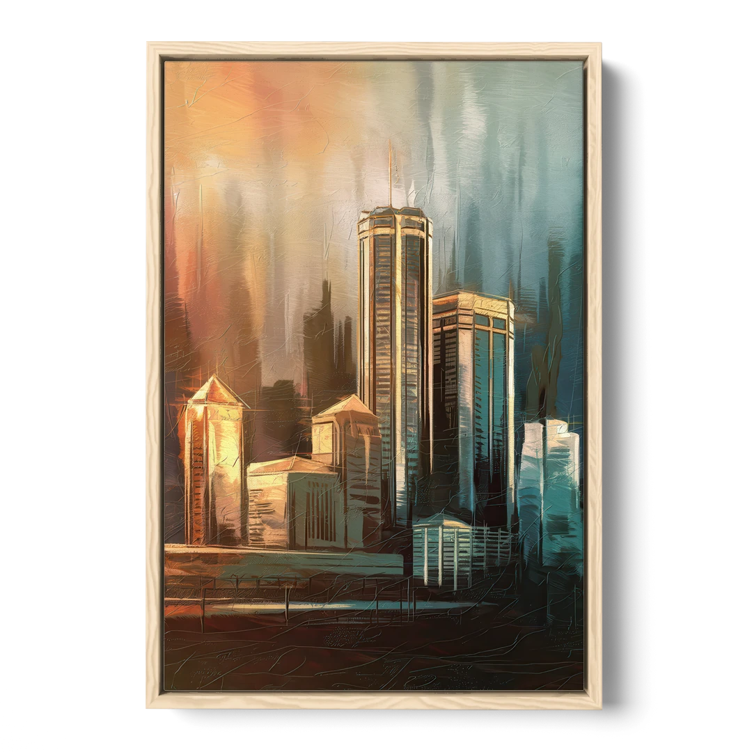 Detroit Urban Skyline - Oak Framed Canvas Wall Art - Front