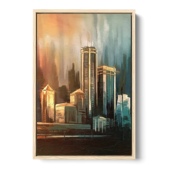 Detroit Urban Skyline - Oak Framed Canvas Wall Art - Front