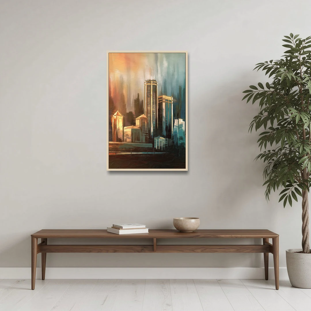 Detroit Urban Skyline - Oak Framed Canvas Wall Art - Coffee Table - 24x36