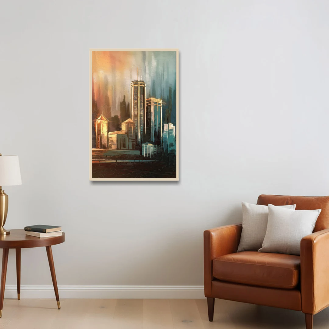 Detroit Urban Skyline - Oak Framed Canvas Wall Art - Sofa - 24x36