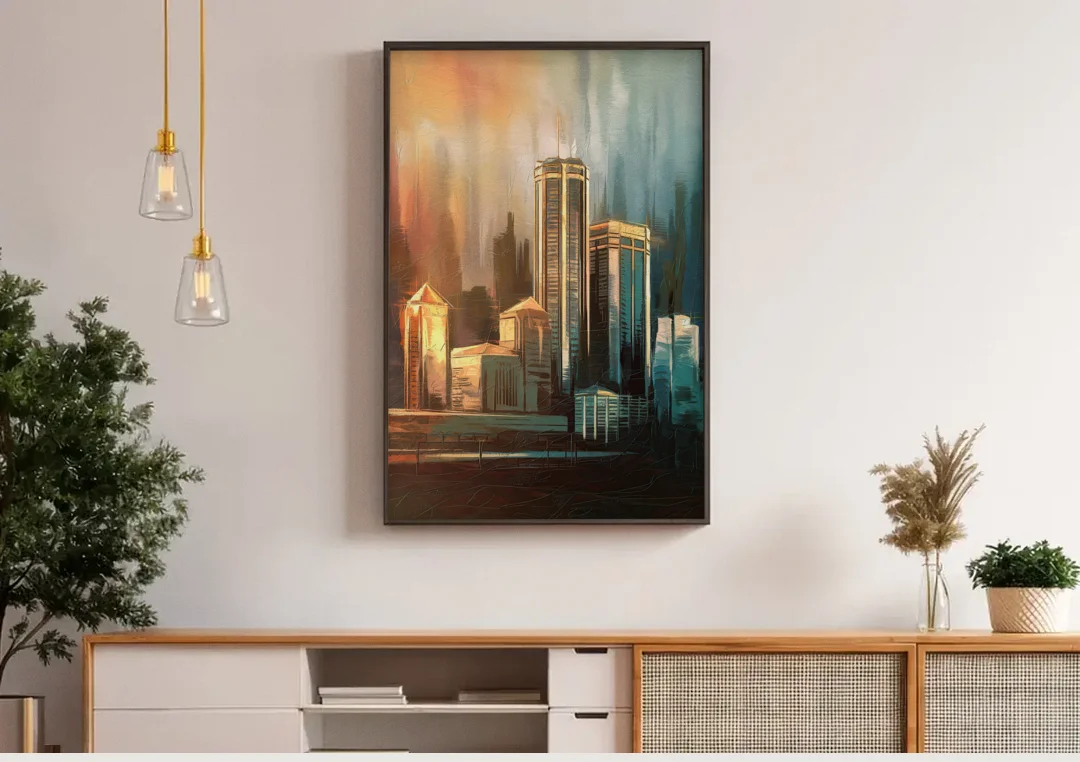 Detroit Urban Skyline canvas wall art above a wooden sideboard under pendant lights