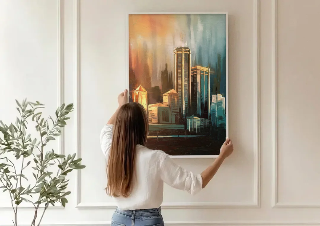 Detroit Urban Skyline canvas wall art being hung on a paneled wall