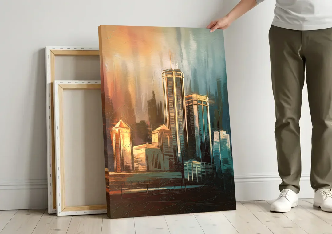 Detroit Urban Skyline canvas wall art leaning against a wall next to blank canvases
