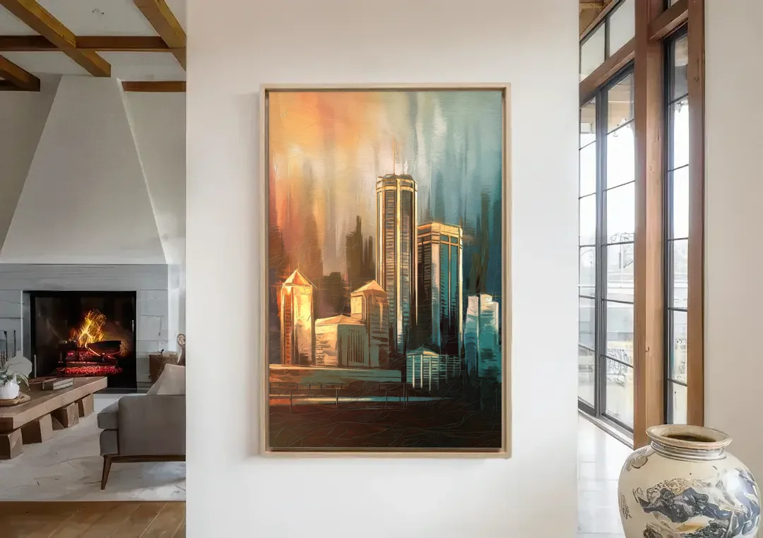 Detroit Urban Skyline canvas wall art in a living room with a fireplace