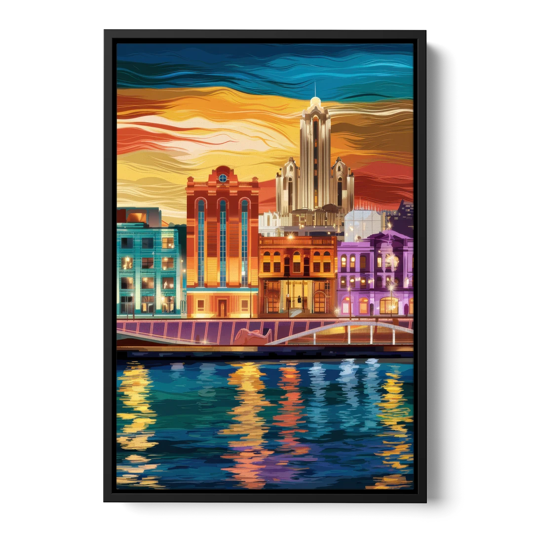 Detroit Vibrant Cityscape - Black Framed Canvas Wall Art - Front