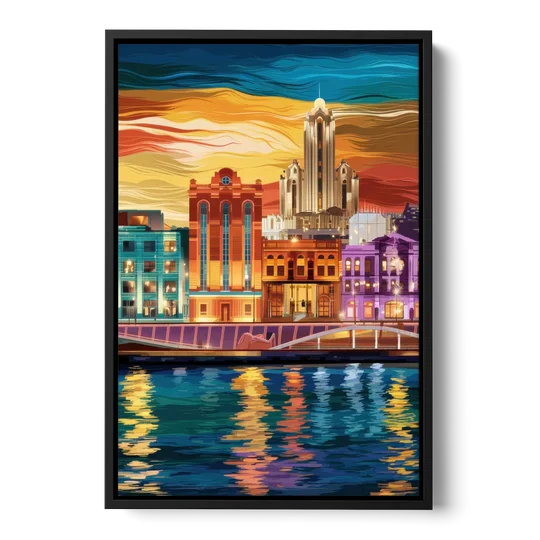 Detroit Vibrant Cityscape - Black Framed Canvas Wall Art - Front