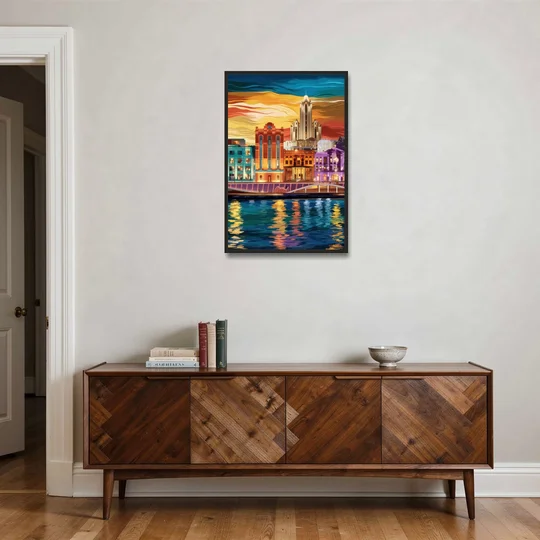 Detroit Vibrant Cityscape - Black Framed Canvas Wall Art - Coffee Table - 24x36