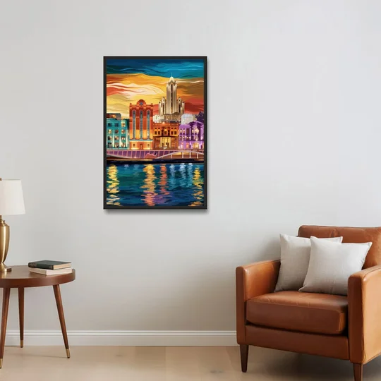 Detroit Vibrant Cityscape - Black Framed Canvas Wall Art - Sofa - 24x36