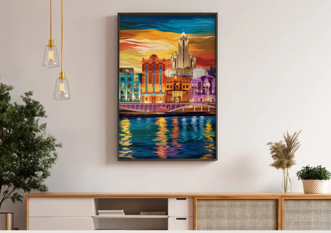 Detroit Vibrant Cityscape canvas wall art above a wooden sideboard under pendant lights
